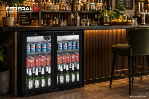Commercial double-door bar fridge with chilled beverages in a modern New Zealand hospitality bar setting.