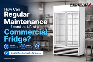 Commercial glass door fridge in a professional hospitality kitchen
