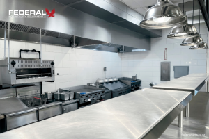 Commercial kitchen equipment in a professional New Zealand restaurant kitchen.