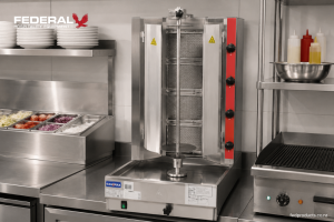 Commercial gas kebab machine with vertical rotisserie and multiple heating zones, designed for shawarma, doner kebab, and gyro cooking in professional hospitality kitchens.