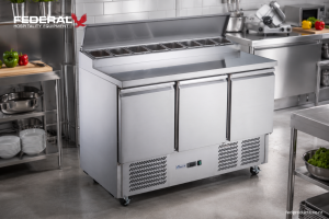 Stainless steel commercial salad prep fridge with refrigerated ingredient rail and preparation workspace for professional foodservice kitchens in New Zealand.