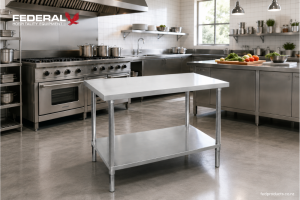 Stainless steel work table with undershelf in a professional New Zealand commercial kitchen, providing durable food preparation and storage space for hospitality operations.