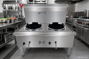 Commercial stainless steel wok burner station with dual high-BTU cooking rings in a professional New Zealand restaurant kitchen.