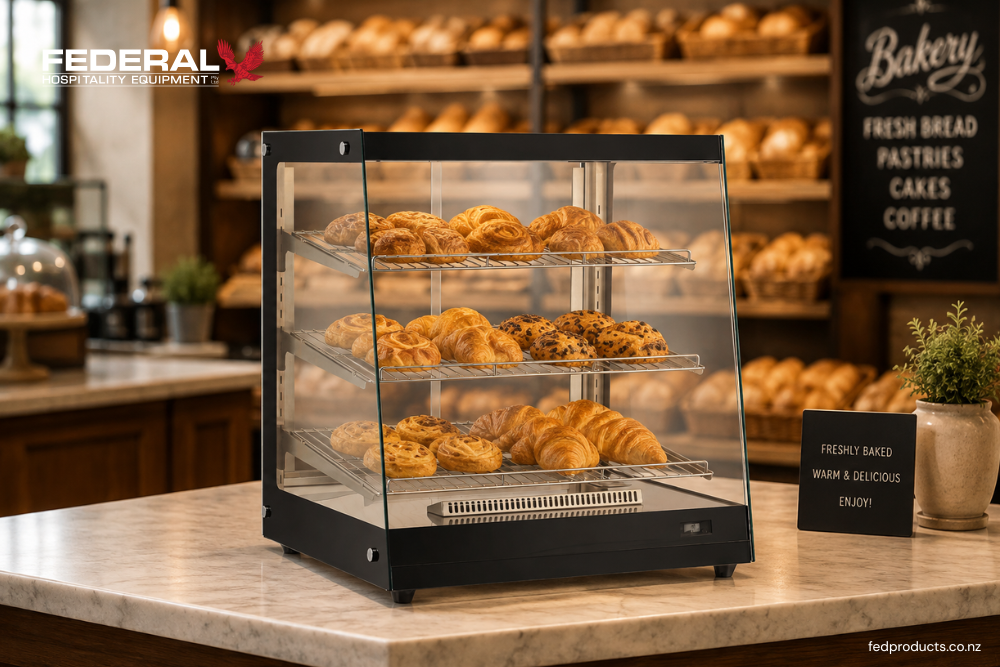 Commercial food warmer displaying fresh pastries and croissants in a New Zealand bakery