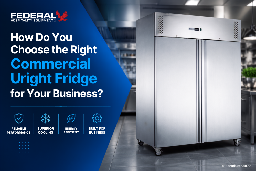 Commercial upright fridge in a professional kitchen