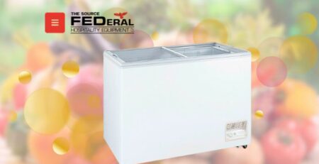 Chest Freezer with produce as background